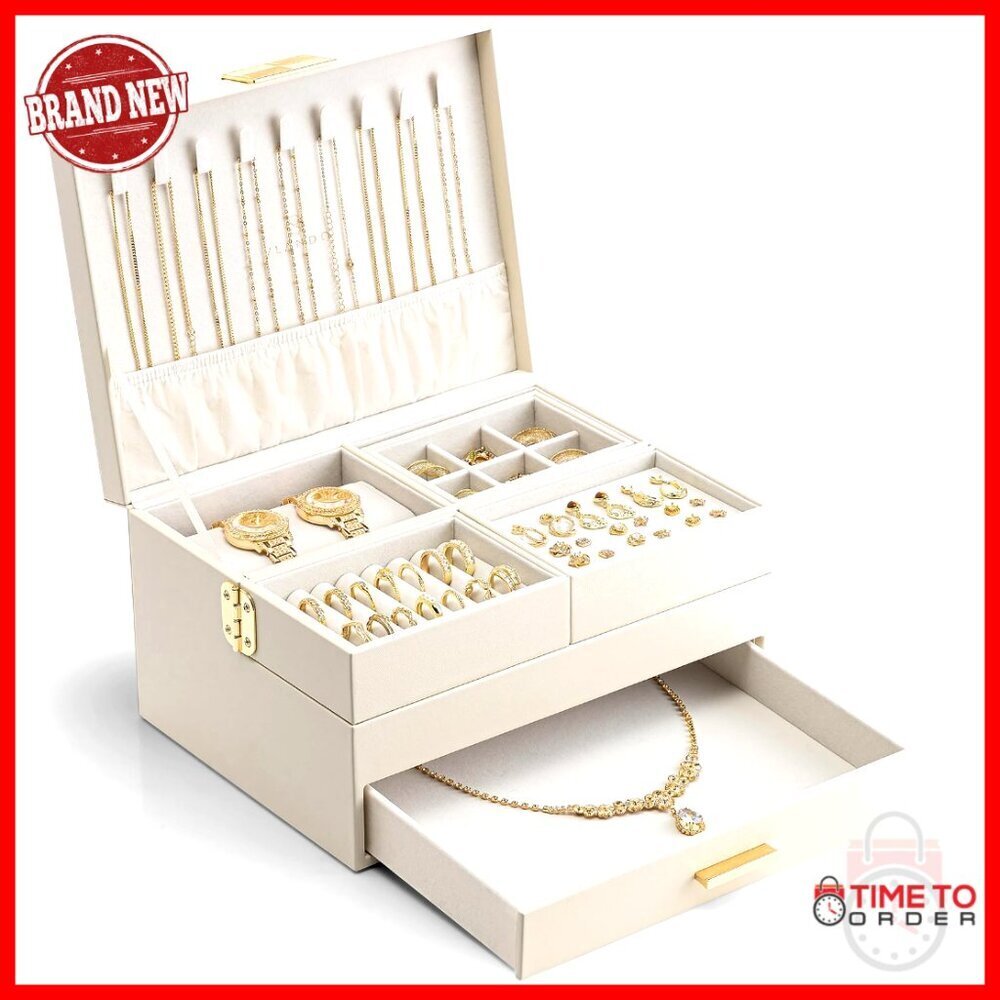 3 Layer Jewelry Box with Retractable Tray - PU Leather Organizer for Necklaces